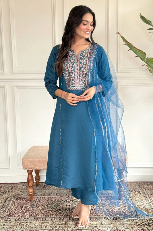 Blue Chanderi Viscose Stitched Salwar Suit NCSS11111615