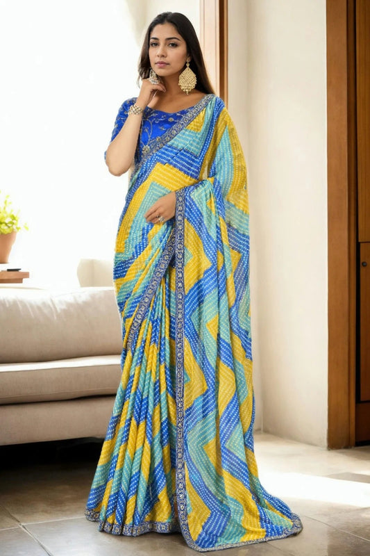 Blue Chinon Printed Saree NCSD11111450