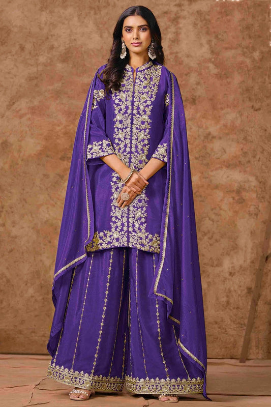 Blue Chinon Semi Stitched Palazzo Pant Suit NCSM10510128