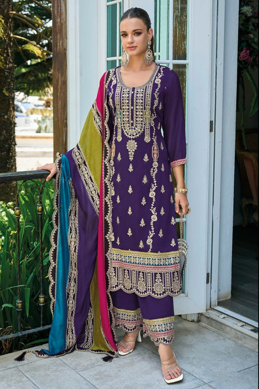 Blue Chinon Silk Pakistani Suit NCSM11410379