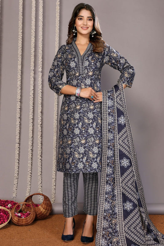 Blue Cotton Blend Stitched Suit NCSS11111388