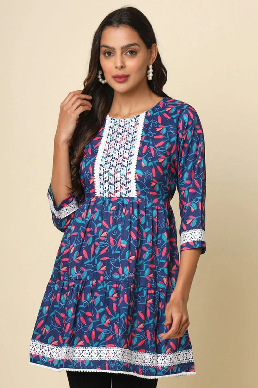 Blue Cotton Printed,Lace Readymade Top  NCTP11112291