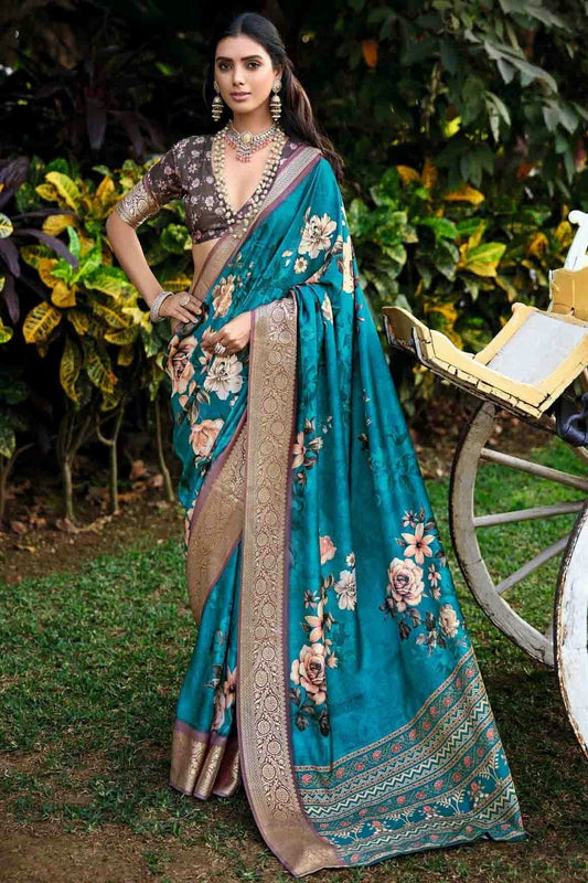 Blue Cotton Silk Digital Floral Printed Saree NCSD11110247