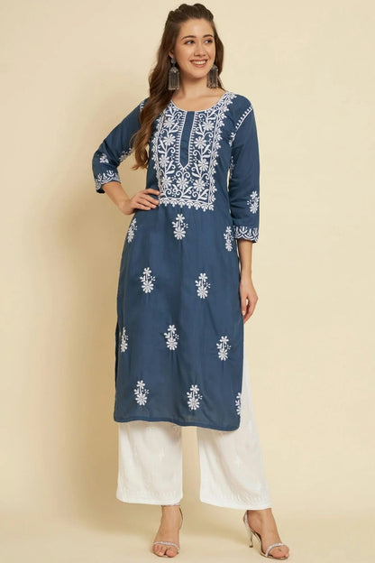 Blue Cotton Slub Kurti NCKR11112186