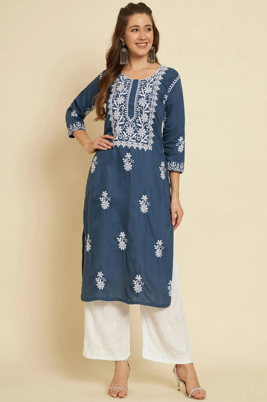 Blue Cotton Slub Kurti NCKR11112186