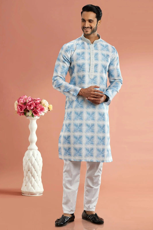 Blue Cotton Thread Kurta Pajama NCKP12310198