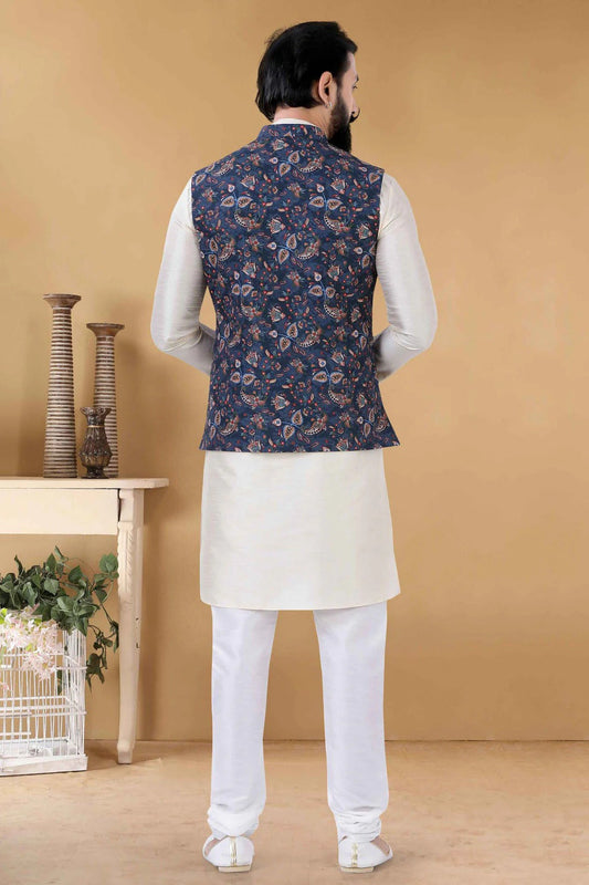 Blue Cotton Kurta PajamaWith Jacket  NCKP11310157
