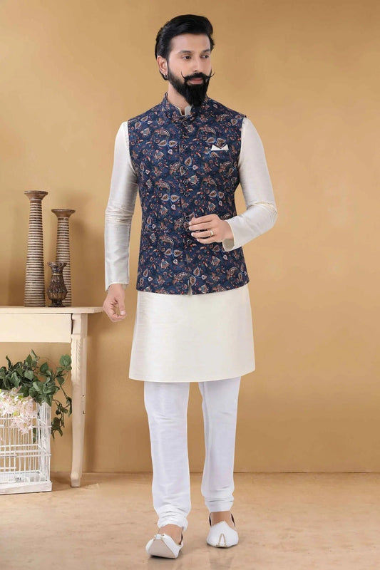 Blue Cotton Kurta PajamaWith Jacket NCKP11310157