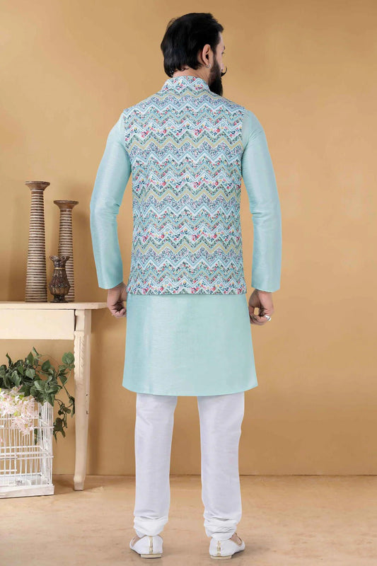 Blue Cotton Kurta PajamaWith Jacket  NCKP11310163