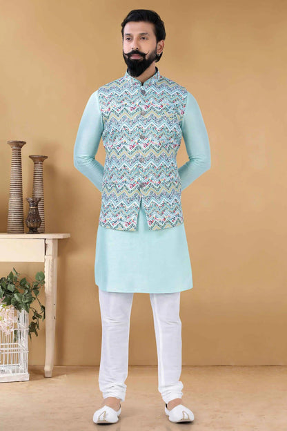 Blue Cotton Kurta PajamaWith Jacket NCKP11310163