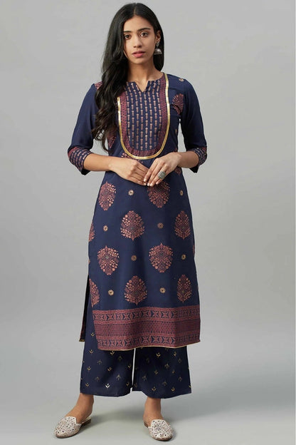 Blue Crepe Foil Print Kurti NCKR10610198