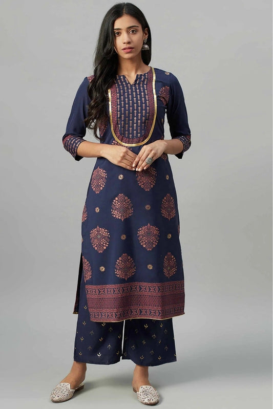 Blue Crepe Foil Print Kurti NCKR10610198