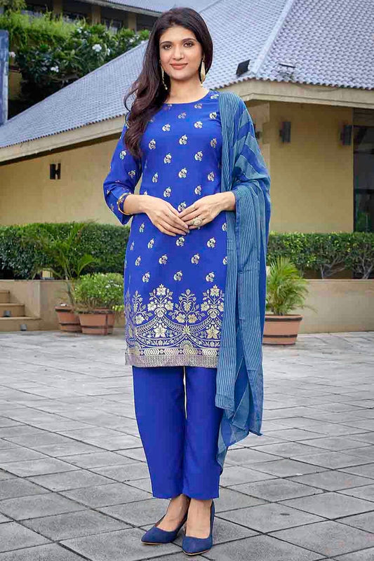 Blue Crepe Foil Printed Pant Style Suit NCSS11110337