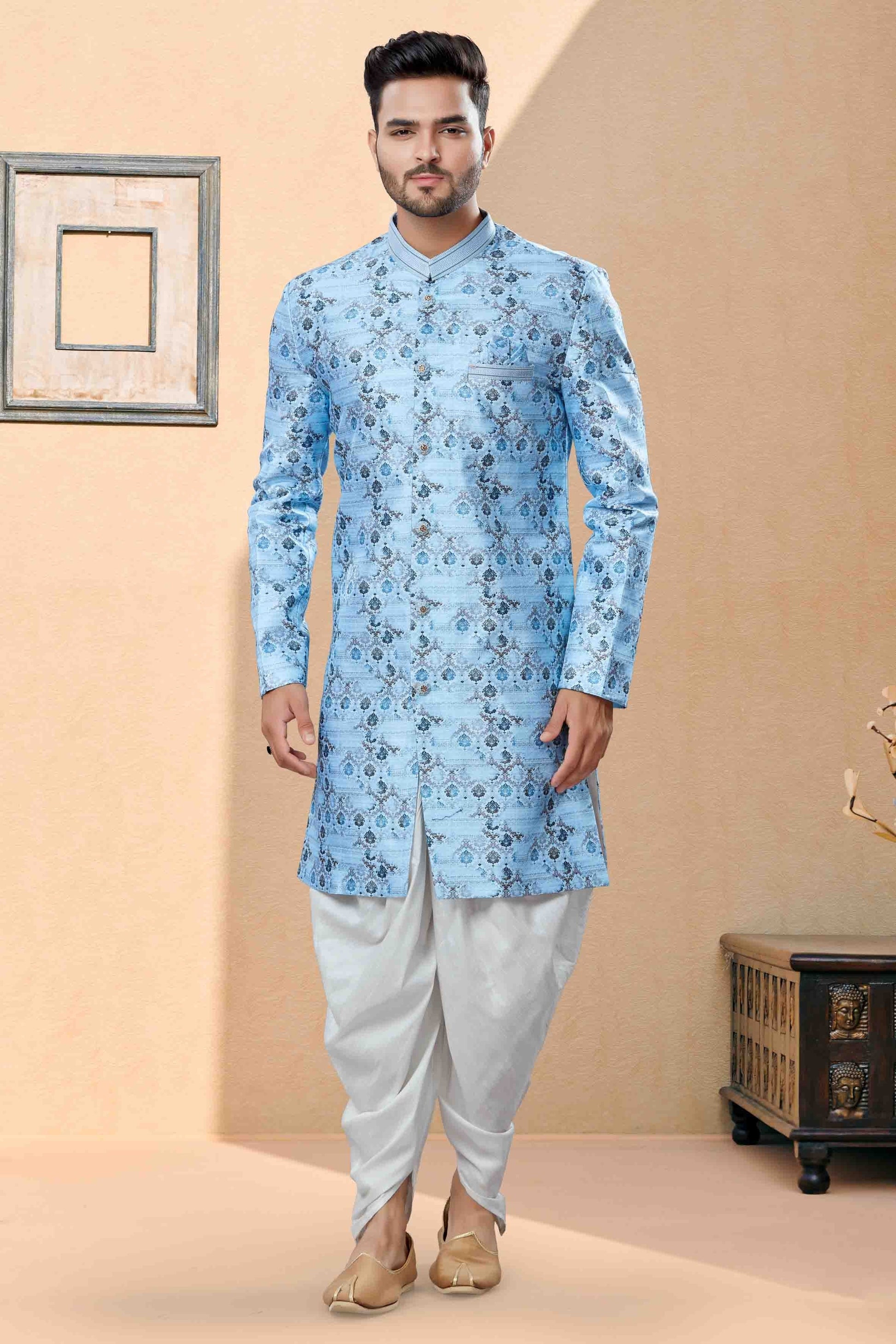Blue Dhoti SherwaniIn Jacquard NCSH10410487