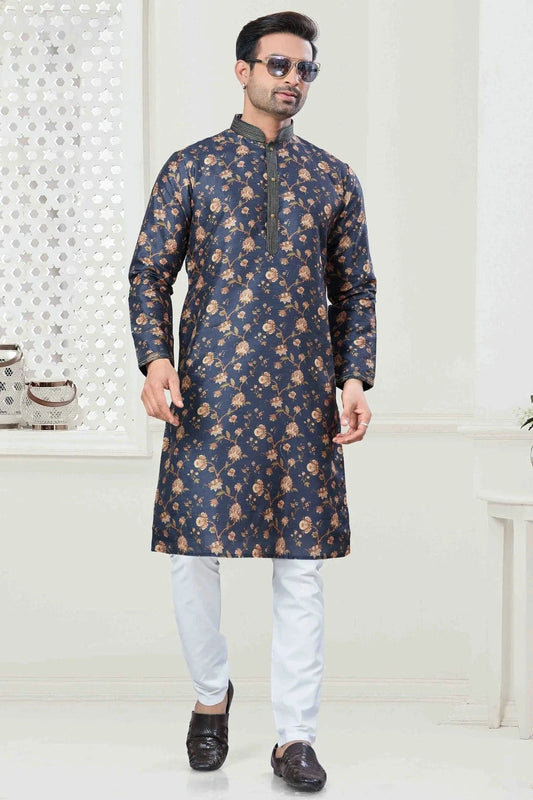 Blue Digital Print Silk Kurta Pajama NCKP11110560