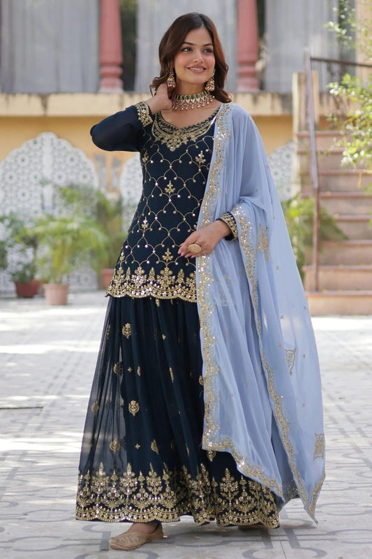 Blue Embroidery Faux Georgette Stitched Suit NCSS11111282