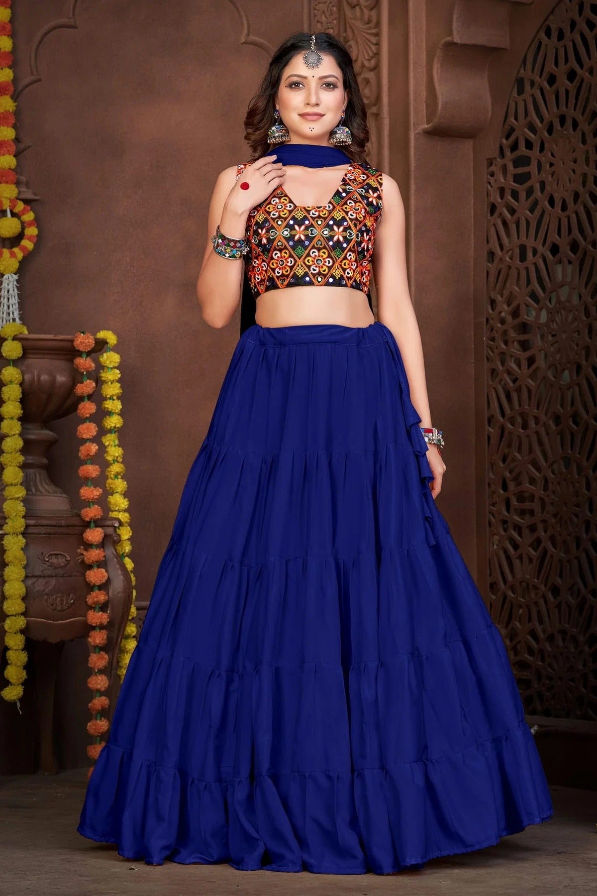 Blue Embroidery French Crepe Navratri Lehenga NCLD11710194