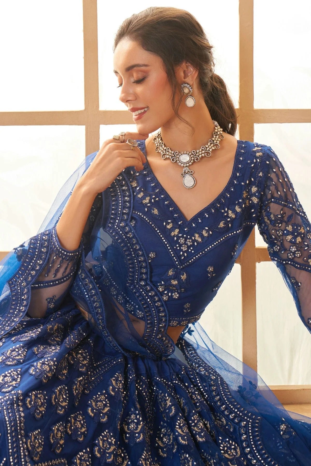 Blue Embroidery Net and SilK Lehenga Choli NCLC12910122