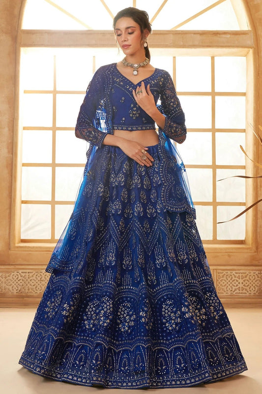 Blue Embroidery Net and SilK Lehenga Choli NCLC12910122