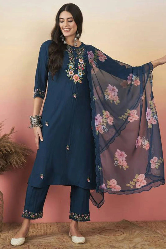 Blue Embroidery Viscose Chanderi Stitched Suit NCSS11111295