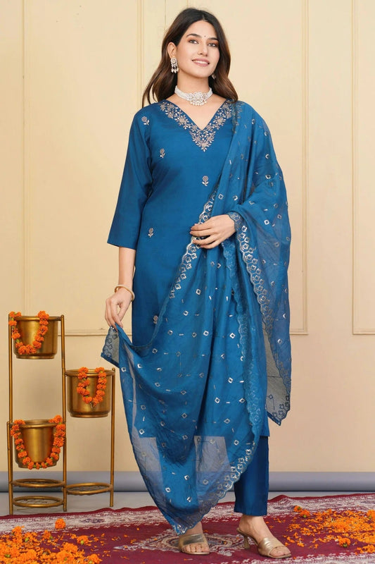 Blue Embroidery Viscose Chanderi Stitched Suit NCSS11111320