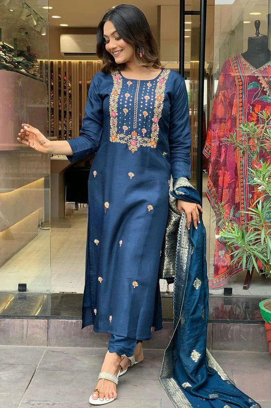 Blue Embroidery Viscose Rayon Stitched Suit NCSS11111290