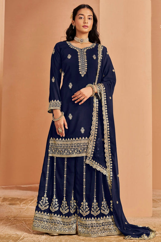 Blue Faux Georgette Palazzo Pant Suit NCSM10510149