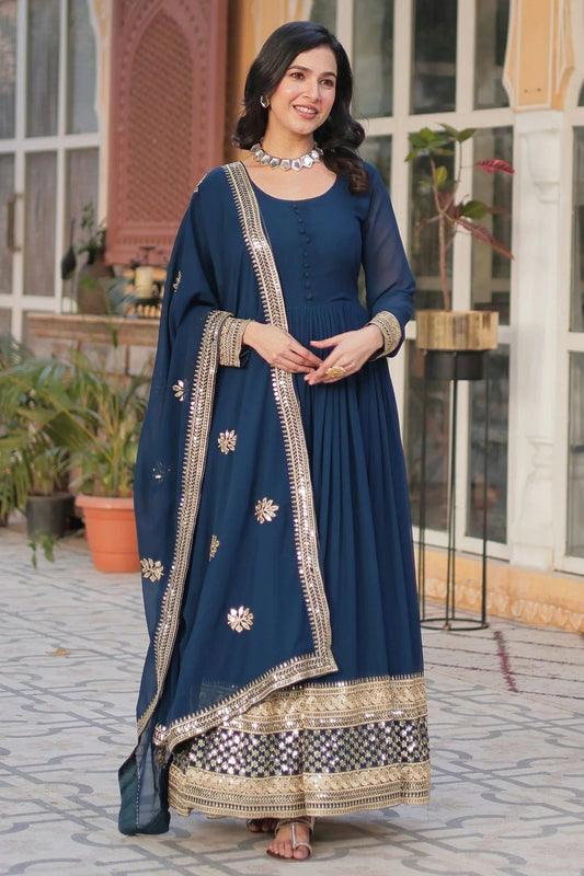 Blue Faux Georgette Stitched Gown NCGW11111362