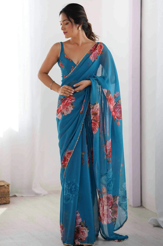 Blue Georgette Hand Printed Saree NCSD11110442