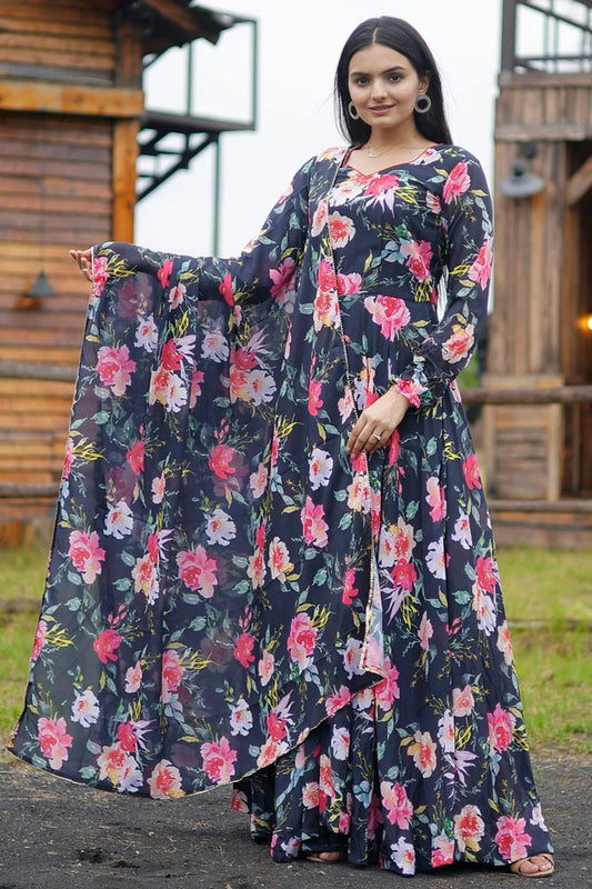 Blue Georgette Stitched Gown NCGW11111368