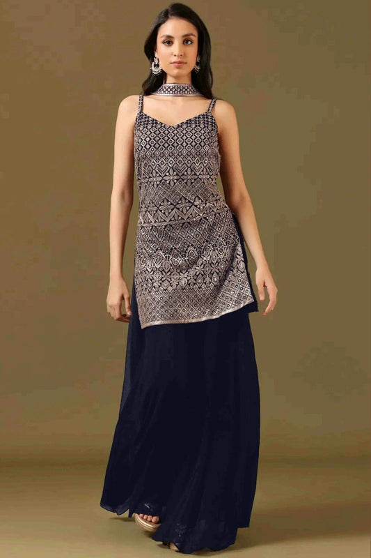 Blue Georgette Stitched Sharara Suit NCSS11410166