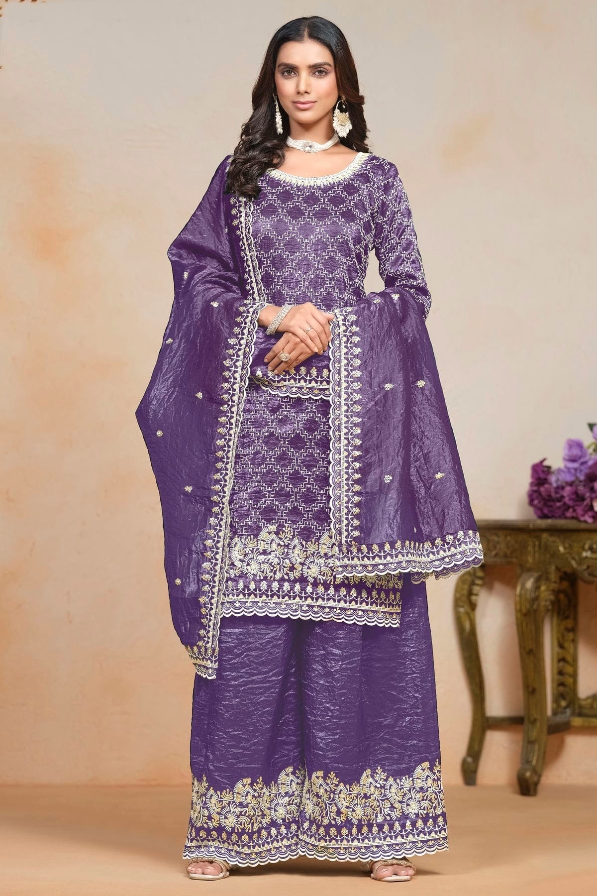 Blue Gold Crush Semi Stitched Palazzo Pant Suit NCSM10510183