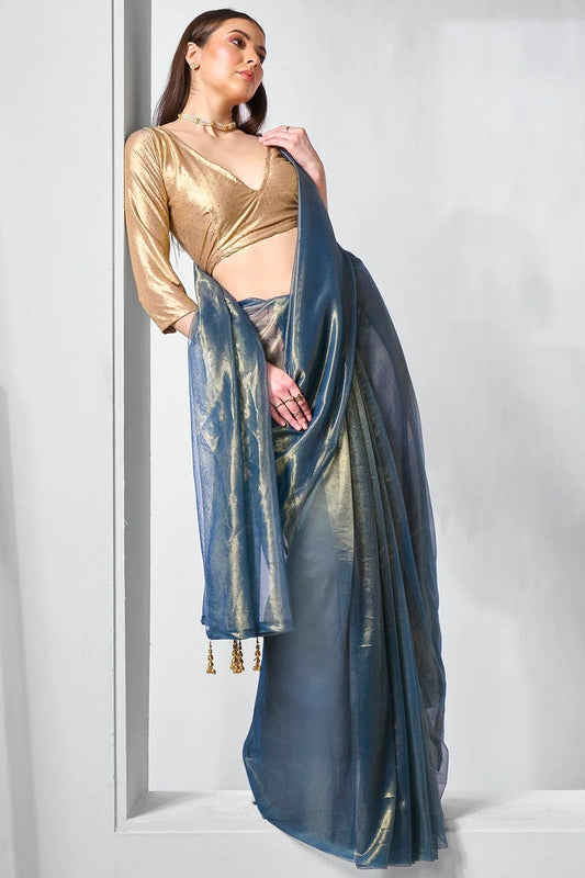 Blue Gold Tissue Net Designer Saree NCSD11111788
