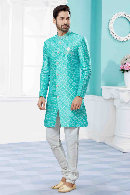 Blue Indo Western In Jacquard NCSH10410536