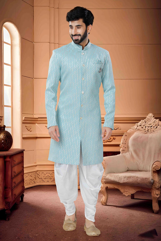 Blue Indo Western In Silk Jacquard NCSH11310211