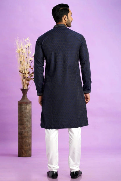 Blue Jacquard Art Silk Pintex Kurta Pajama NCKP12310168