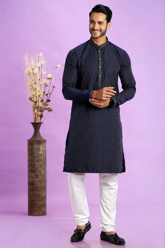 Blue Jacquard Art Silk Pintex Kurta Pajama NCKP12310168