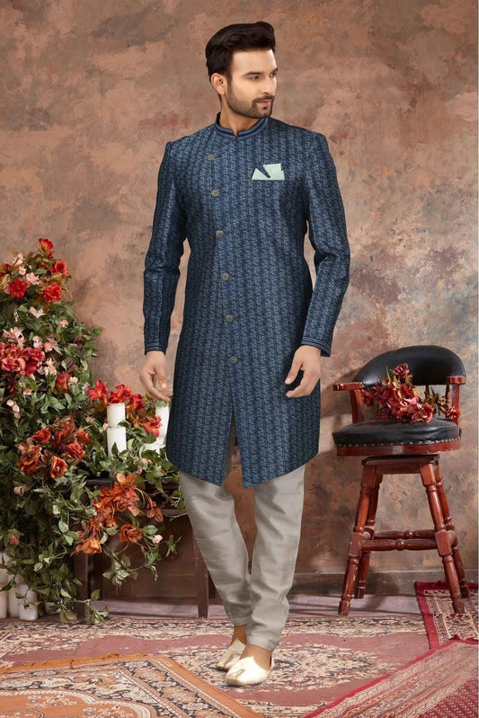 Blue Jacquard Digital Print Sherwani NCSH10410439