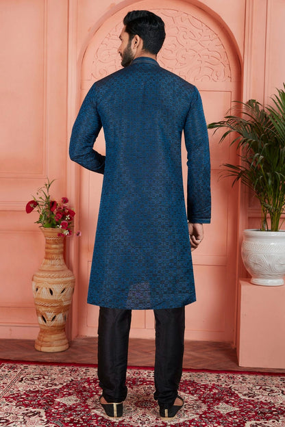 Blue Jacquard Silk Brocade Kurta Pajama NCKP12310139