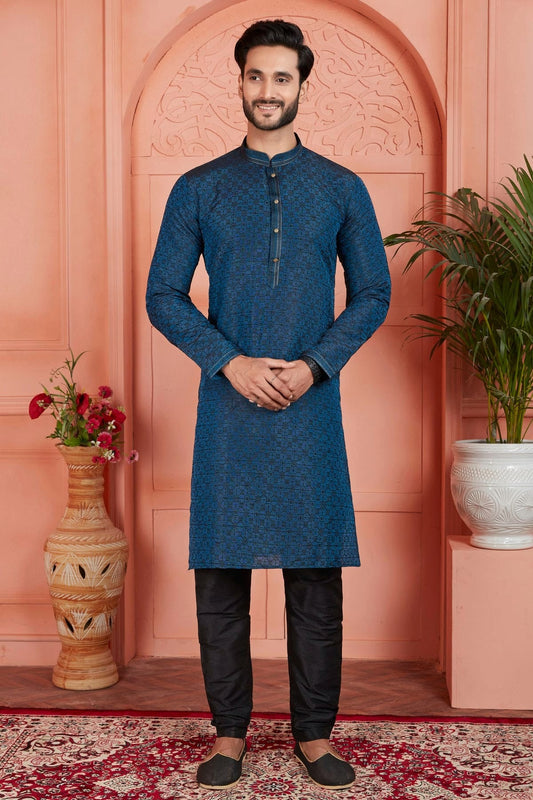 Blue Jacquard Silk Brocade Kurta Pajama NCKP12310139