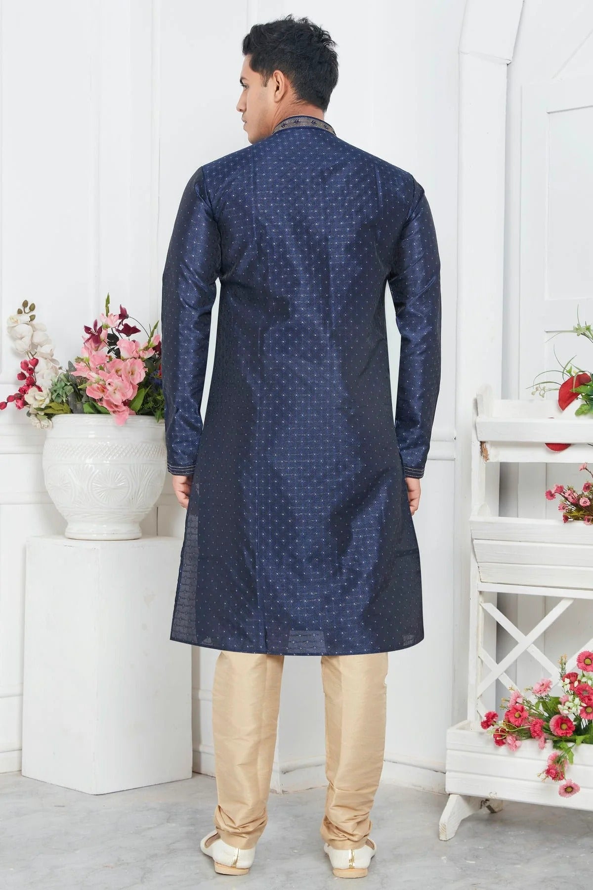 Blue Jacquard Silk Brocade Kurta Pajama NCKP12310156