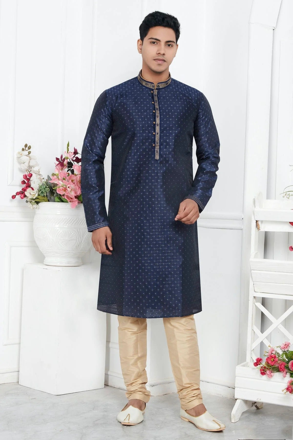 Blue Jacquard Silk Brocade Kurta Pajama NCKP12310156