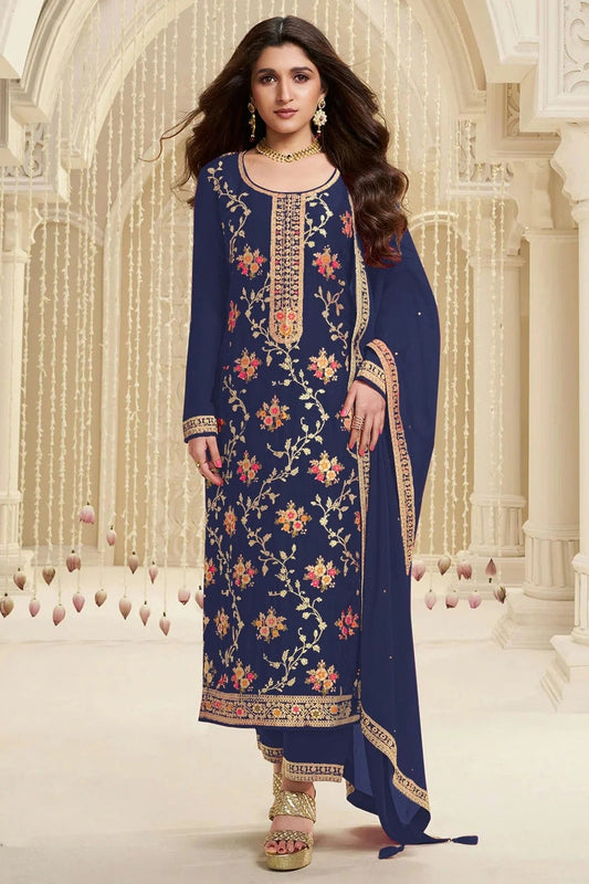 Blue Jacquard Viscose Straight Suit NCSM11410385