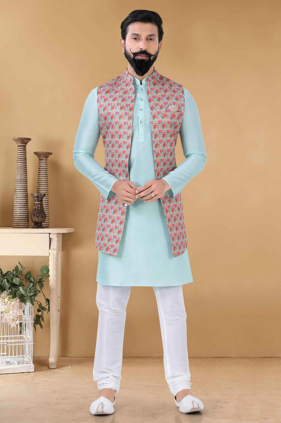Blue Jacquard Kurta PajamaWith Jacket NCKP11310162