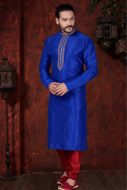 Blue Kurta Pajama In Art Dhupion NCKP10410606