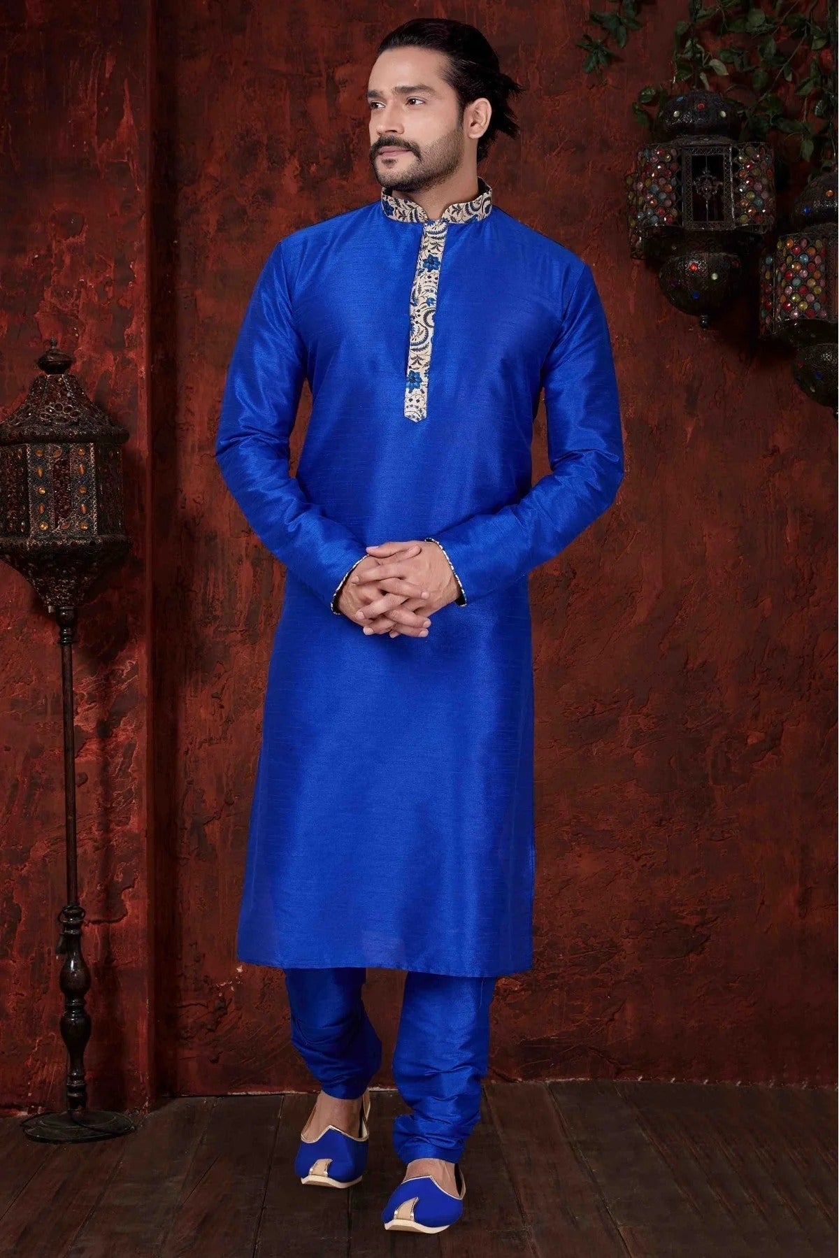 Blue Kurta Pajama In Art Dhupion NCKP10410610