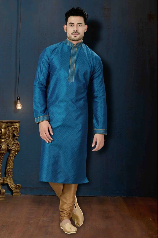 Blue Kurta Pajama In Jacquard NCKP10410632