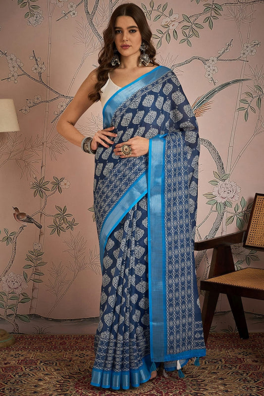 Blue Linen Blend Printed Saree NCSD11111827