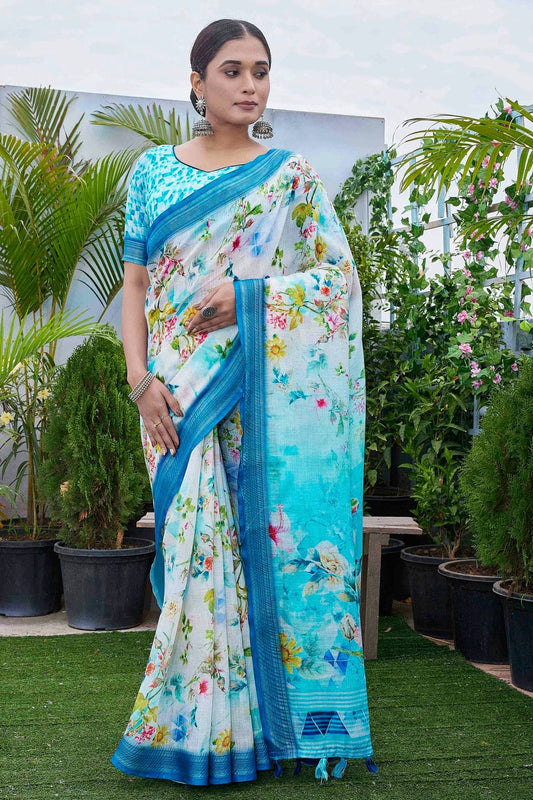 Blue Linen Blend Printed Saree NCSD11111875