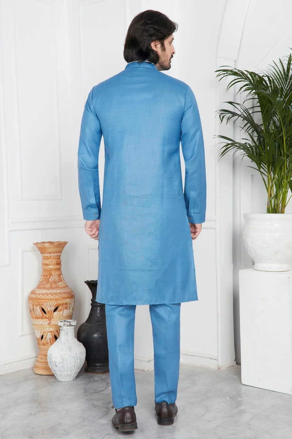 Blue Linen Cotton Pintex Kurta Pajama NCKP12310244